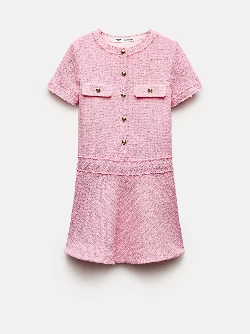 Zara ZW Collection Pink Tweed Short Sleeve Dress with Gold Buttons
